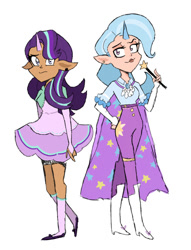 Size: 540x706 | Tagged: safe, artist:charrlll, starlight glimmer, trixie, human, g4, belt, boots, cape, clothes, denim, dress, duo, elf ears, high heel boots, horn, horned humanization, humanized, jeans, pants, shirt, shoes, simple background, skirt, socks, unicorns as elves, wand, white background