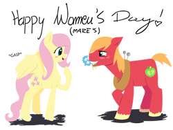 Size: 800x600 | Tagged: safe, anonymous artist, artist:swirlwysketch, big macintosh, fluttershy, earth pony, pegasus, pony, g4, big macintosh's yoke, blushing, duo, duo male and female, female, flower, flower in mouth, horse collar, international women's day, looking at each other, looking at someone, male, mare, mouth hold, remake, ship:fluttermac, shipping, simple background, smiling, smiling at each other, stallion, straight, text, transparent background, women's day
