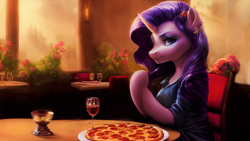 Size: 2658x1504 | Tagged: safe, ai assisted, ai content, generator:stable diffusion, prompter:saphkey, rarity, unicorn, semi-anthro, g4, alcohol, arm hooves, clothes, food, glass, indoors, pizza, restaurant, sitting at table, solo, wallpaper, wine, wine glass