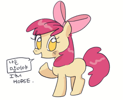 Size: 983x805 | Tagged: safe, artist:ruku631, apple bloom, earth pony, pony, g4, blank flank, blushing, captain obvious, female, filly, foal, korean, looking at you, no pupils, raised hoof, shaped like itself, simple background, solo, speech bubble, text, white background