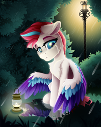 Size: 2500x3150 | Tagged: safe, artist:rainbowfire, zipp storm, pegasus, pony, g5, spoiler:g5, bush, cheek fluff, chest fluff, colored wings, colored wingtips, crying, eyebrows, female, floppy ears, forest, frown, high res, lamppost, lantern, light, lightning, mare, multicolored wings, night, puddle, rain, sad, signature, sitting, solo, spread wings, tears of pain, wings