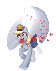 Size: 2048x2609 | Tagged: safe, artist:amishy, derpy hooves, pegasus, pony, g4, bag, cap, cute, derpabetes, female, hat, heart, high res, holiday, large wings, mailbag, mailmare, mare, mouth hold, saddle bag, simple background, solo, valentine, valentine's day, white background, wings