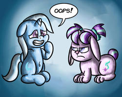 Size: 3000x2400 | Tagged: safe, artist:saburodaimando, starlight glimmer, trixie, bunnycorn, pony, rabbit, unicorn, g4, animal, belly button, duo, duo female, female, filly, filly trixie, floppy ears, frown, grin, high res, looking at each other, looking at someone, nervous, nervous smile, sitting, smiling, species swap, starlight glimmer is not amused, unamused, younger