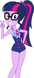Size: 439x990 | Tagged: safe, edit, edited screencap, editor:homersimpson1983, screencap, sci-twi, twilight sparkle, human, equestria girls, equestria girls series, forgotten friendship, g4, background removed, bare shoulders, clothes, female, looking at you, not a vector, one-piece swimsuit, peace sign, sci-twi swimsuit, simple background, sleeveless, solo, swimsuit, transparent background