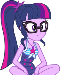 Size: 796x990 | Tagged: safe, edit, edited screencap, editor:homersimpson1983, screencap, sci-twi, twilight sparkle, human, equestria girls, equestria girls series, forgotten friendship, g4, background removed, clothes, female, not a vector, one-piece swimsuit, sci-twi swimsuit, simple background, sitting, solo, swimsuit, transparent background