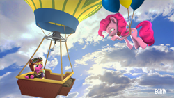 Size: 3840x2160 | Tagged: safe, artist:egr1n, cherry berry, pinkie pie, earth pony, pony, g4, 3d, 4k, anaglyph 3d, aviator hat, bag, balloon, bomber jacket, clothes, cloud, day, duo, duo female, female, flying, happy, hat, high res, hot air balloon, jacket, pink eyes, pink hair, pink mane, rope, scarf, sky, sleeping bag, source filmmaker, sun