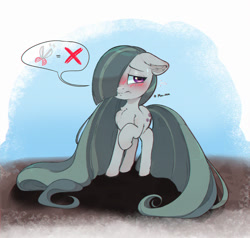 Size: 1200x1142 | Tagged: safe, artist:inkypuso, marble pie, earth pony, pony, g4, blushing, chest fluff, cute, emanata, female, floppy ears, frown, hair over one eye, long mane, long tail, marblebetes, mare, pictogram, plewds, solo, sweat, tail
