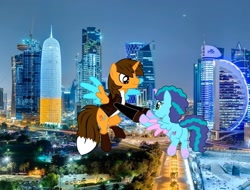 Size: 1424x1080 | Tagged: safe, artist:ejlightning007arts, misty brightdawn, oc, oc:ej, alicorn, pony, g5, alicornified, butt, canon x oc, duo, ejmisty, female, happy, irl, male, mare, mistybutt, night, photo, plot, ponies in real life, qatar, race swap, shipping, stallion