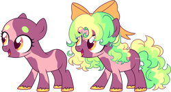 Size: 4140x2237 | Tagged: safe, artist:kurosawakuro, oc, oc only, unnamed oc, earth pony, pony, base used, beanbrows, body markings, bow, colored hooves, earth pony oc, excited, eyebrows, facial markings, female, filly, foal, hair bow, hoof polish, lightly watermarked, magical lesbian spawn, mismatched eyebrows, offspring, open mouth, orange eyes, parent:apple bloom, parent:rainbow harmony, red eyes, simple background, solo, standing, transparent background, watermark