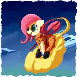 Size: 1600x1600 | Tagged: safe, artist:solid shrimp, fluttershy, pegasus, pony, g4, badass, clothes, cloud, cosplay, costume, dragon ball, female, filly, floppy ears, flutterbadass, foal, jumpsuit, kinto'un, nyoi-bo, sitting, sky, solo, son goku