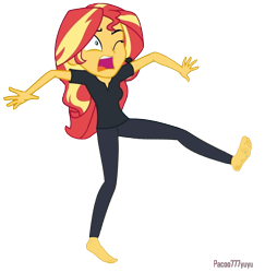 Size: 1427x1466 | Tagged: safe, artist:paco777yuyu, sunset shimmer, human, equestria girls, g4, my little pony equestria girls: better together, barefoot, clothes, feet, female, glass, pain, shorts, simple background, solo, stepped on, sunset, theater, transparent background