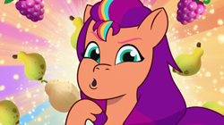 Size: 3300x1844 | Tagged: safe, screencap, sunny starscout, earth pony, pony, g5, my little pony: tell your tale, sunny's smoothie moves, spoiler:g5, spoiler:my little pony: tell your tale, spoiler:tyts01e47, female, kiwipaya, looking at you, mane stripe sunny, mare, pearnana, razzleberry, solo