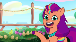 Size: 3300x1844 | Tagged: safe, screencap, sunny starscout, earth pony, pony, g5, my little pony: tell your tale, sunny's smoothie moves, spoiler:g5, spoiler:my little pony: tell your tale, spoiler:tyts01e47, community garden, female, kiwipaya, looking at you, mane stripe sunny, mare, pearnana, razzleberry, solo