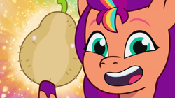 Size: 3300x1844 | Tagged: safe, screencap, sunny starscout, earth pony, pony, g5, my little pony: tell your tale, sunny's smoothie moves, spoiler:g5, spoiler:my little pony: tell your tale, spoiler:tyts01e47, female, fruit, kiwipaya, looking at you, mane stripe sunny, mare, solo