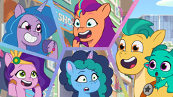 Size: 1920x1080 | Tagged: safe, screencap, hitch trailblazer, izzy moonbow, misty brightdawn, pipp petals, sparky sparkeroni, sunny starscout, dragon, earth pony, pegasus, pony, unicorn, g5, my little pony: tell your tale, sunny's smoothie moves, spoiler:g5, spoiler:my little pony: tell your tale, spoiler:tyts01e47, :o, baby, baby dragon, eyebrows, female, grin, male, mane stripe sunny, mare, open mouth, open smile, raised eyebrow, smiling, stallion, wingding eyes