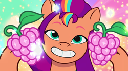 Size: 3300x1834 | Tagged: safe, screencap, sunny starscout, earth pony, pony, g5, my little pony: tell your tale, sunny's smoothie moves, spoiler:g5, spoiler:my little pony: tell your tale, spoiler:tyts01e47, abstract background, berry, female, food, fruit, grin, mane stripe sunny, mare, razzleberry, smiling, solo, sparkles