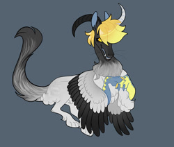 Size: 1024x867 | Tagged: safe, artist:loryska, oc, draconequus, gray background, interspecies offspring, offspring, parent:derpy hooves, parent:discord, simple background, solo