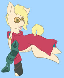 Size: 2356x2834 | Tagged: safe, artist:lil_vampirecj, earth pony, pony, amputee, anime, blue background, colored, cyan background, flat colors, high res, outline, ponified, prosthetic leg, prosthetic limb, prosthetics, simple background, solo, trigun, vash the stampede
