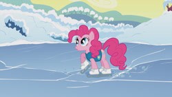 Size: 1920x1080 | Tagged: safe, screencap, pinkie pie, earth pony, pony, g4, winter wrap up, female, ice skates, ice skating, mare, open mouth, skates, solo, winter wrap up vest