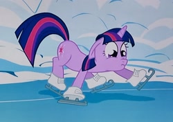 Size: 2048x1444 | Tagged: safe, screencap, twilight sparkle, pony, unicorn, g4, winter wrap up, cropped, faic, female, floppy ears, frown, ice skates, low quality, mare, skates, slipping, solo, unicorn twilight