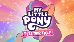 Size: 3072x1727 | Tagged: safe, screencap, sunny starscout, earth pony, pony, g5, my little pony: tell your tale, sunny's smoothie moves, spoiler:g5, spoiler:my little pony: tell your tale, spoiler:tyts01e47, female, grin, mane stripe sunny, mare, my little pony logo, smiling, solo