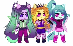 Size: 1606x1021 | Tagged: artist needed, source needed, safe, adagio dazzle, aria blaze, sonata dusk, human, equestria girls, g4, my little pony equestria girls: rainbow rocks, arms in the air, female, frown, gacha, gacha club, gacha life, holding, jewelry, microphone, pendant, simple background, smiling, standing, the dazzlings, trio, white background, wings
