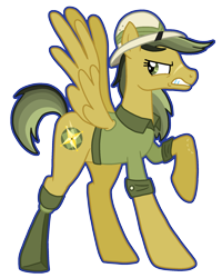 Size: 1683x2100 | Tagged: safe, artist:queertrixie, daring do, pegasus, pony, g4, amputee, clothes, female, hat, mare, outline, prosthetic limb, prosthetics, raised hoof, redesign, scar, simple background, solo, transparent background