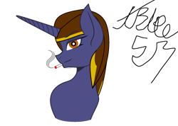 Size: 1760x1250 | Tagged: safe, artist:thebluee53, edit, oc, oc only, oc:wrenchit twilight, pony, unicorn, base used, bust, cigarette, female, horn, simple background, smoking, solo, transparent background, unicorn oc