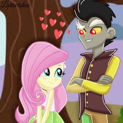 Size: 1000x1000 | Tagged: safe, artist:mlplary6, discord, fluttershy, human, equestria girls, g4, base used, blushing, equestria girls-ified, female, heart, looking at each other, looking at someone, love, male, ship:discoshy, shipping, signature, smiling, smiling at each other, story included, straight, tree, younger