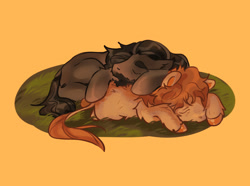 Size: 2048x1520 | Tagged: safe, artist:innoowl, pony, bilbo baggins, crossover, crossover shipping, cuddling, duo, gay, lord of the rings, lying down, male, orange background, ponified, prone, shipping, simple background, sleeping, thorin oakenshield