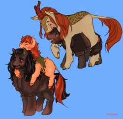 Size: 2048x1986 | Tagged: safe, artist:innoowl, autumn blaze, oc, earth pony, kirin, pony, g4, bilbo baggins, blue background, cloven hooves, crossover, crossover shipping, duo, gay, kirin-ified, kirins riding ponies, lord of the rings, male, ponies riding ponies, ponified, riding, riding a pony, shipping, simple background, species swap, thorin oakenshield