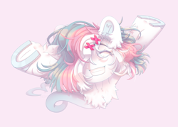 Size: 3500x2500 | Tagged: safe, artist:medkit, oc, oc only, oc:ghost pone, earth pony, ghost, ghost pony, original species, pony, undead, accessory, chest fluff, colored eyebrows, colored eyelashes, convention, convention mascot, ear fluff, ears up, eye clipping through hair, eyebrows, eyebrows visible through hair, eyelashes, eyes closed, female, fluffy, from above, full body, gritted teeth, hair over one eye, hairclip, happy, heart shaped, high res, horseshoes, long tail, loose hair, mare, mascot, multicolored hair, paint tool sai 2, raised eyebrows, raised hooves, re:questria, short mane, simple background, smiling, solo, speedpaint, speedpaint available, sternocleidomastoid, tail, teeth, unshorn fetlocks, wall of tags