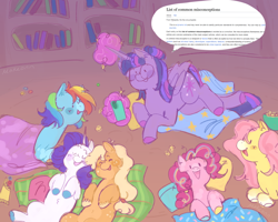 Size: 1280x1024 | Tagged: safe, artist:mokeonn, applejack, fluttershy, pinkie pie, rainbow dash, rarity, twilight sparkle, alicorn, earth pony, pegasus, pony, unicorn, g4, ^^, belly button, blanket, body freckles, book, bookshelf, bowl, candy, cellphone, clothes, cute, daaaaaaaaaaaw, dashabetes, diapinkes, eyes closed, female, food, freckles, glasses, glowing, glowing horn, golden oaks library, group, hair bun, horn, implied lesbian, implied rarijack, implied shipping, jackabetes, levitation, lying down, magic, magic aura, mane six, mare, mismatched hooves, missing accessory, on back, phone, pillow, popcorn, prone, raribetes, round glasses, sextet, shyabetes, sleeping bag, sleepover, socks, telekinesis, twiabetes, twilight sparkle (alicorn), wikipedia