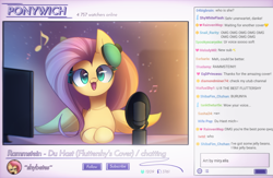 Size: 2300x1500 | Tagged: safe, artist:miryelis, fluttershy, pegasus, pony, g4, button, comments, cute, female, heart, livestream, long hair, mare, microphone, music notes, ponified, rammstein, shyabetes, signature, smiling, solo, text, twitch