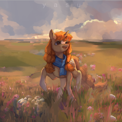 Size: 2776x2776 | Tagged: safe, artist:yasu, oc, oc only, pony, unicorn, clothes, grass, grass field, high res, meadow, scarf