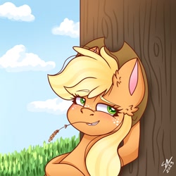 Size: 1280x1280 | Tagged: safe, artist:galaxy swirl, applejack, earth pony, pony, g4, applejack's hat, cowboy hat, eyebrows, eyebrows visible through hair, female, hat, hay stalk, lidded eyes, mare, mouth hold, raised eyebrow, solo, stetson, straw in mouth, tree