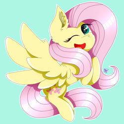 Size: 800x800 | Tagged: safe, artist:kathepart, fluttershy, pegasus, pony, g4, cute, looking at you, one eye closed, open mouth, open smile, shyabetes, simple background, smiling, solo, spread wings, teal background, wings, wink, winking at you