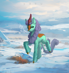 Size: 2741x2894 | Tagged: safe, artist:yasu, oc, oc only, oc:searing cold, kirin, breath, cloud, cloudy, cloven hooves, cold, fluffy, high res, ice, kirin oc, mountain, raised hoof, snow, unamused, watermark
