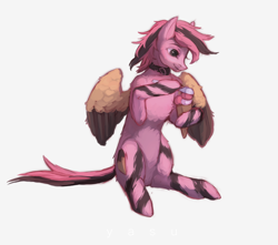 Size: 3280x2902 | Tagged: safe, artist:yasu, oc, oc only, pegasus, pony, collar, food, high res, ice cream, ice cream cone, leg stripes, simple background, sitting, solo, stripes, white background