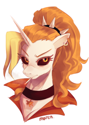 Size: 2296x3224 | Tagged: safe, artist:maren, oc, oc only, oc:dyx, alicorn, pony, black sclera, bust, choker, cigarette, female, high res, looking at you, mare, not daybreaker, simple background, smoking, white background