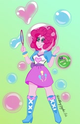 Size: 1310x2024 | Tagged: safe, artist:cutieboysour, gummy, pinkie pie, alligator, human, equestria girls, g4, boots, bubble, clothes, duo, gradient background, heart, high heel boots, in bubble, jacket, shirt, shoes, skirt, vest