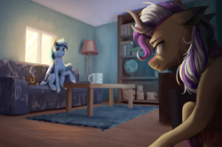 Size: 4559x3000 | Tagged: safe, artist:klarapl, oc, oc only, oc:iron feather, oc:lotus cinder, kirin, pegasus, pony, fanfic:words of power, book, bookshelf, couch, cup, fanfic art, female, globe, lamp, male, mare, stallion, story in the source, table, transformed, window