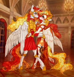 Size: 2100x2200 | Tagged: artist needed, source needed, safe, daybreaker, princess celestia, oc, oc:king phoenix, alicorn, anthro, g4, alicorn oc, arm hooves, armor, armor skirt, candle, canon x oc, castle, clothes, dancing, dress, duo, female, hall, high res, hooves, horn, hug, legs, light, looking at each other, looking at someone, love, male, skirt, straight, waltz, window, wings