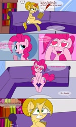 Size: 3000x5000 | Tagged: safe, artist:bestponies, pinkie pie, oc, oc:double time, earth pony, pony, unicorn, g4, book, bookshelf, clock, comic, couch, cutie mark theft, dialogue, glasses, glimmer prey, heart, heart eyes, horn, imminent vore, implied berry punch, implied nurse redheart, implied starlight glimmer, implied vore, magic, multiple cutie marks, open mouth, pinkie pred, scared, sitting, unicorn oc, window, wingding eyes