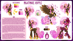 Size: 1612x900 | Tagged: safe, artist:jennieoo, oc, oc:hopple scotch, alicorn, pony, angry, bio, cutie mark, dark magic, evil laugh, fangs, glowing, glowing eyes, glowing horn, horn, laughing, lightning, magic, nightmarified, oc villain, reference, reference sheet, show accurate, smiling, smirk, solo, thinking