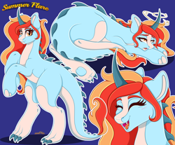 Size: 5000x4148 | Tagged: safe, artist:mailner, oc, oc only, oc:summer flare, dinosaur, pony, unicorn, commission, dinopony, faint, fangs, looking at you, simple background, smiling, solo, species swap