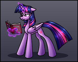 Size: 3500x2800 | Tagged: safe, artist:sadfloorlamp, twilight sparkle, alicorn, pony, g4, book, colored, colored wings, concentrating, cute, eyelashes, female, focused, folded wings, glowing, glowing horn, gray background, grumpy, high res, horn, lightly watermarked, long tail, magic, magic aura, mare, reading, simple background, slender, solo, standing, striped mane, striped tail, tail, tall, telekinesis, thin, twilight sparkle (alicorn), two toned wings, watermark, wings