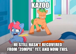 Size: 694x500 | Tagged: safe, screencap, grassy hills, kazoo (g5), plum library, pony, unicorn, g5, my little pony: tell your tale, sunny's smoothie moves, spoiler:g5, spoiler:my little pony: tell your tale, spoiler:tyts01e47, colt, cropped, foal, male, offscreen character, running away, stallion, text