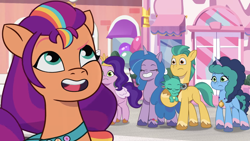 Size: 1334x750 | Tagged: safe, screencap, hitch trailblazer, izzy moonbow, misty brightdawn, pipp petals, sparky sparkeroni, sunny starscout, zipp storm, dragon, earth pony, pegasus, pony, unicorn, g5, my little pony: tell your tale, sunny's smoothie moves, spoiler:g5, spoiler:my little pony: tell your tale, spoiler:tyts01e47, female, jewelry, male, mane five, mane seven (g5), mane six (g5), mane stripe sunny, mare, medallion, necklace, stallion
