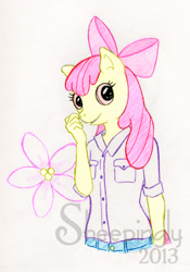 Size: 596x853 | Tagged: safe, artist:sheepingly, apple bloom, earth pony, anthro, g4, clothes, shirt, solo, traditional art